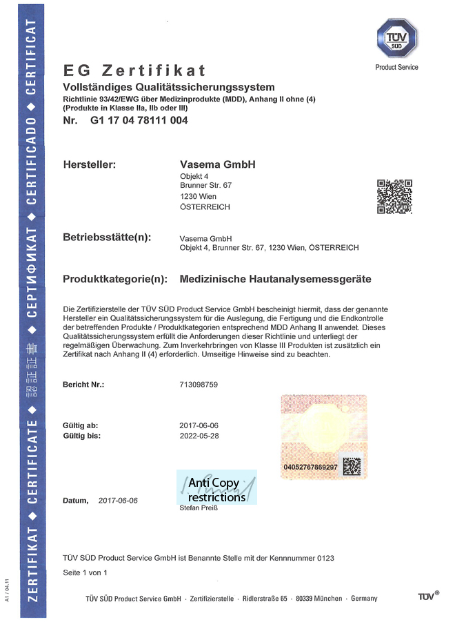 Zertifikat der Produkte VASEMA GmbH
